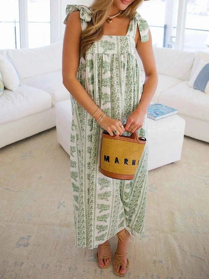 Printed Tie Shoulder Square Neck Midi Dress