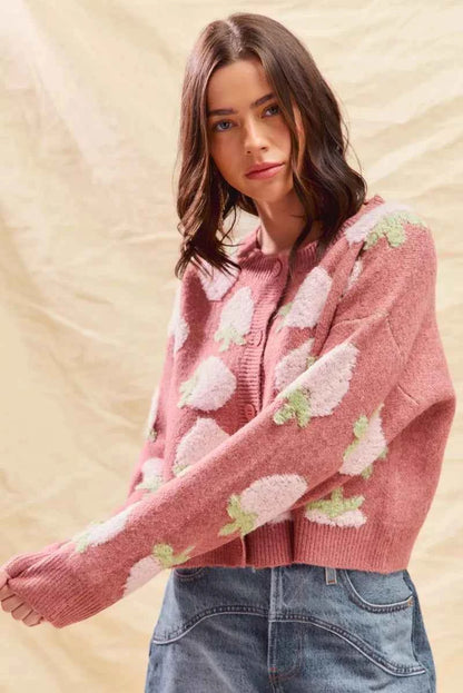 SO ME Strawberry Fruit All Over Button Sweater Cardigan