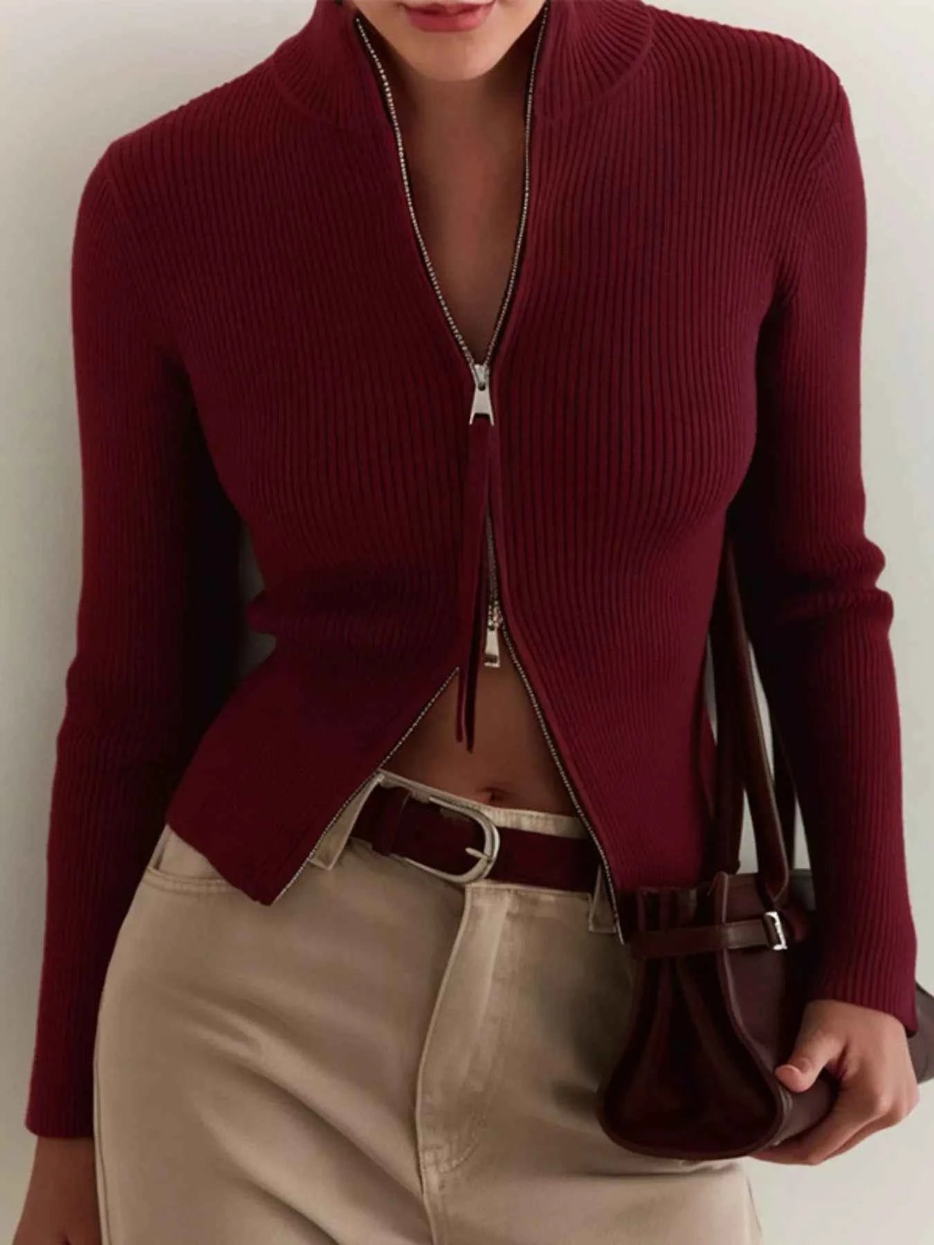 Ribbed Knit Zip-Up Cardigan