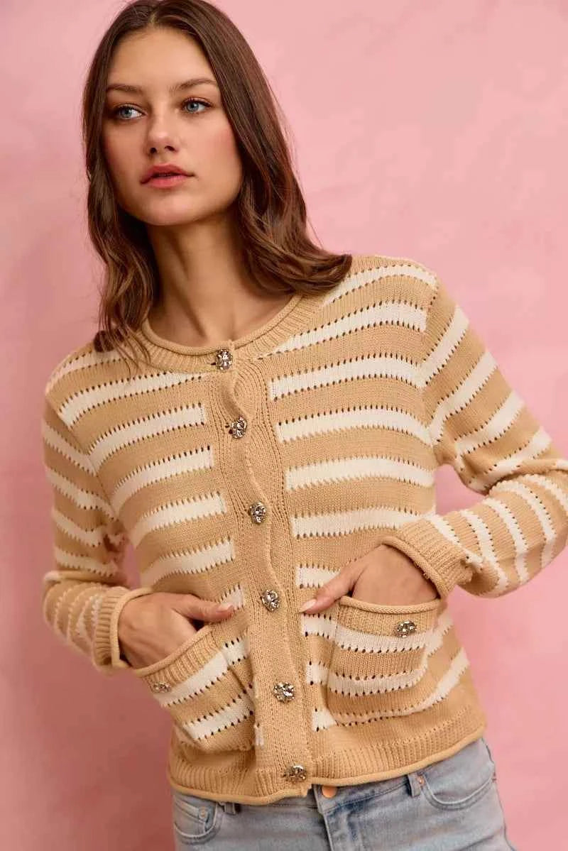 SO ME Stripe Long Sleeves Button Sweater Cardigan