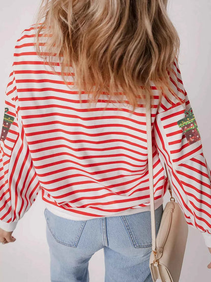 Stripe Sequin Christmas Gift Patched Drop Shoulder Sweatshirt
