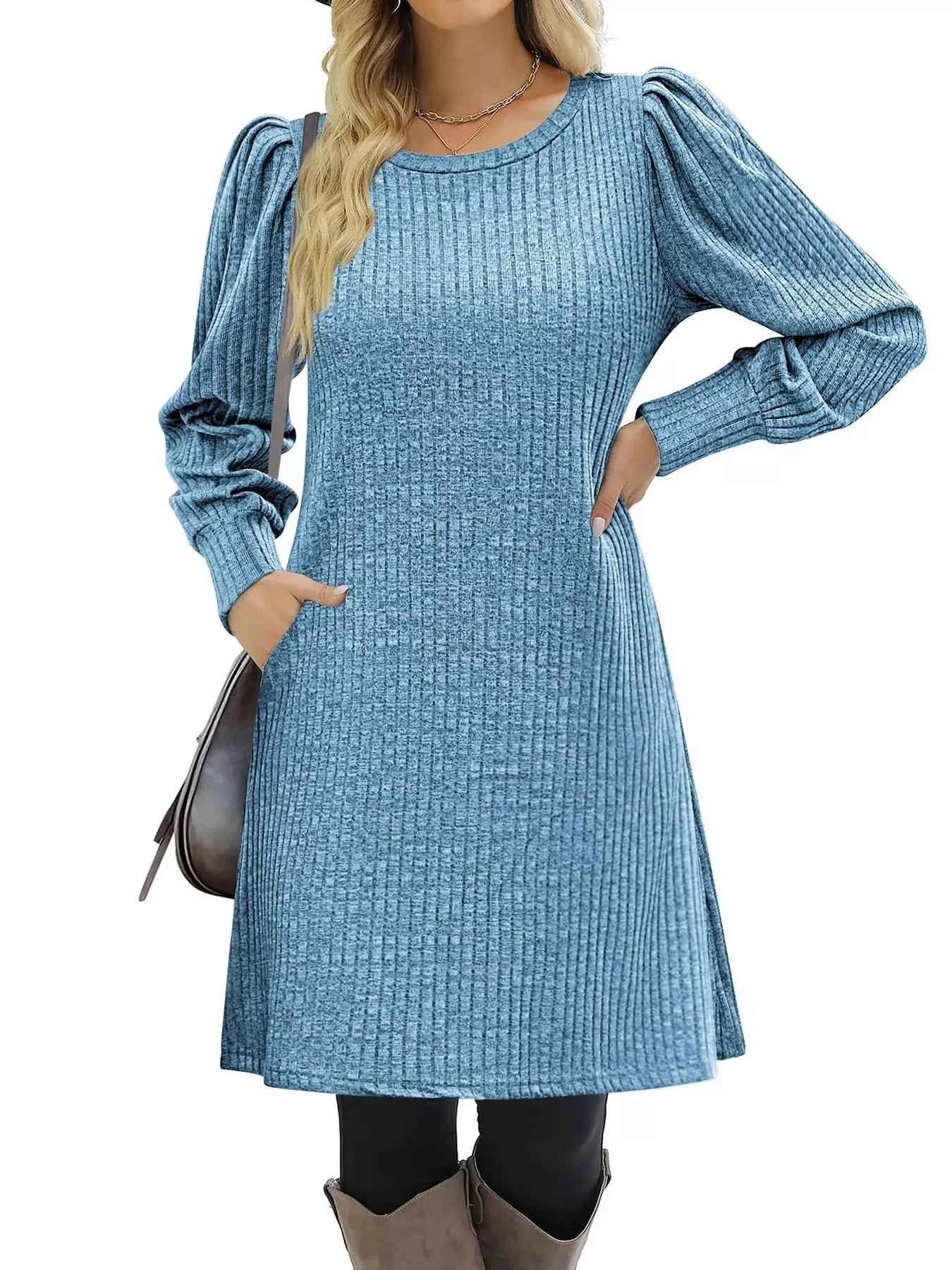 Ribbed Knit Puff Sleeve Casual Mini Dress