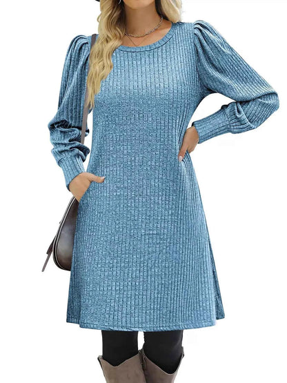 Ribbed Knit Puff Sleeve Casual Mini Dress