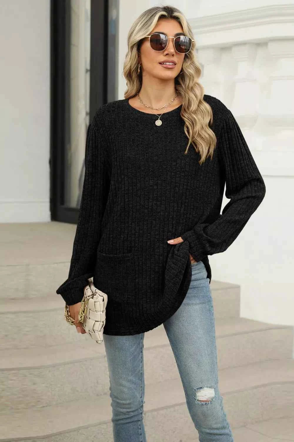 Long Sleeve Ribbed Knit Top with Front Pockets