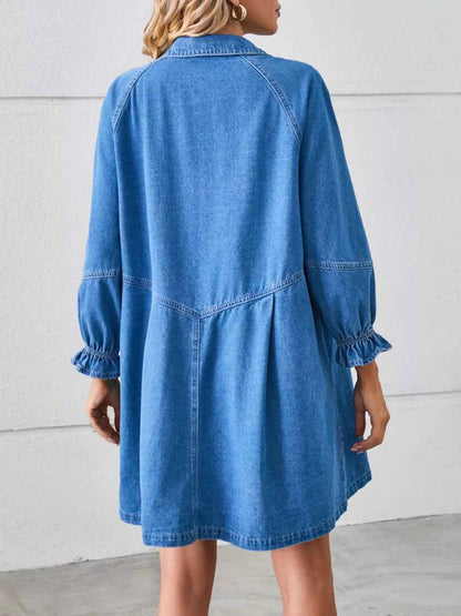 Button-Front Ruffle Cuff Denim Dress