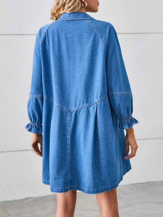 Button-Front Ruffle Cuff Denim Dress