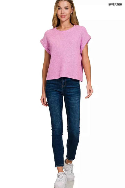 Zenana Short Sleeve Crew Neck Sweater