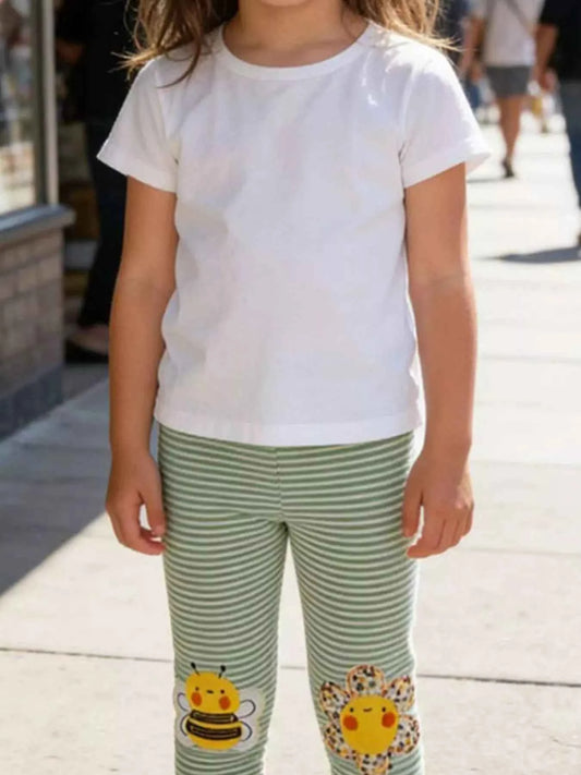 Children's Striped Bee Flower Appliqued Leggings