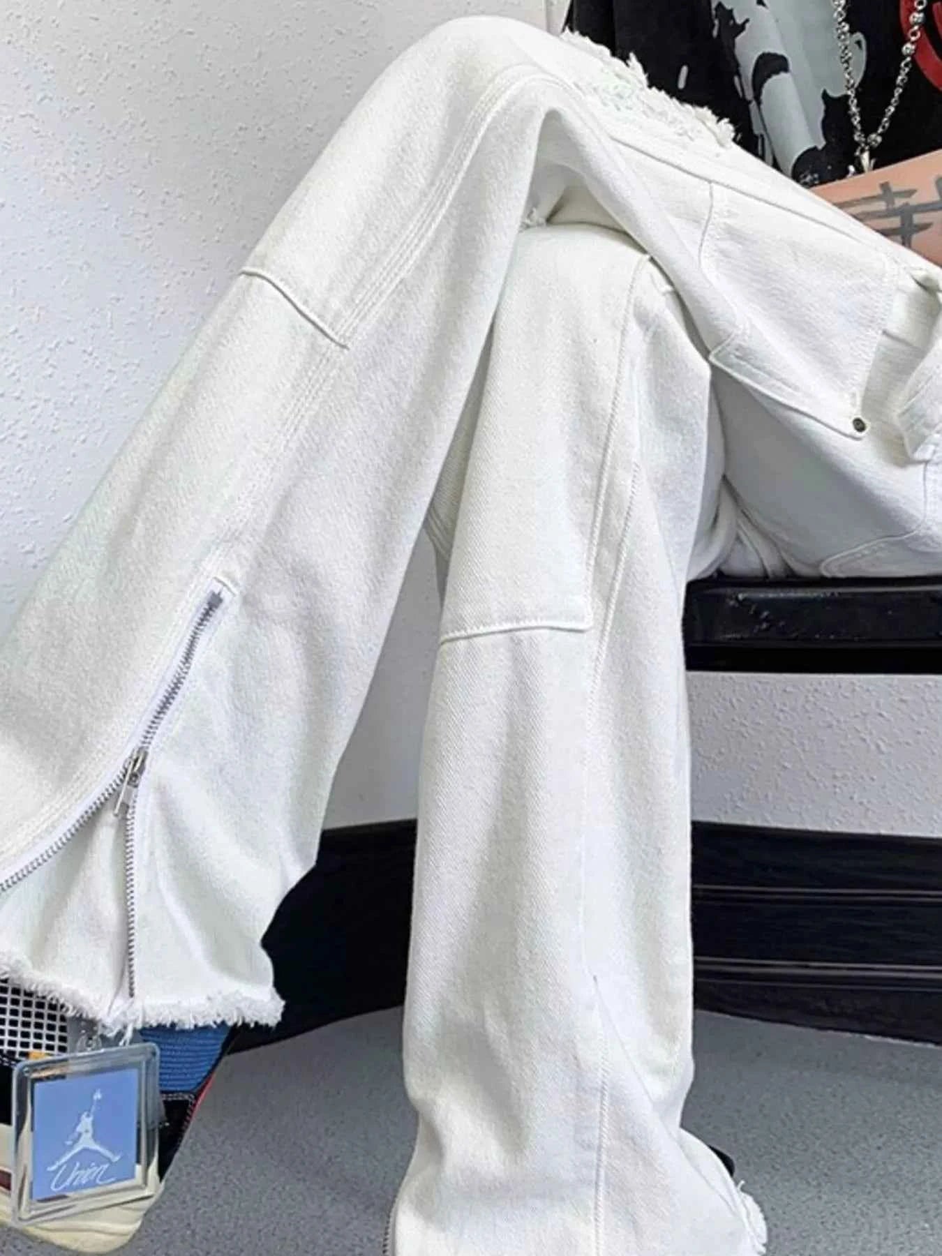 Men's Distressed Raw Hem Wide Leg Jeans