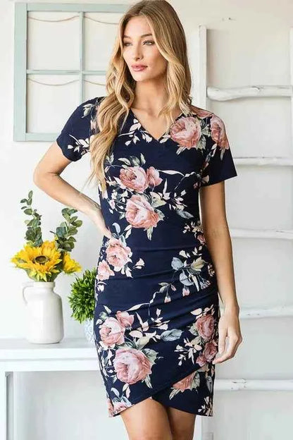 Heimish Full Size Ruched Floral Mini Dress Plus Size