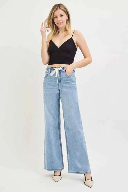 RISEN Elastic Band Slouchy Wide Jeans with Drawstring