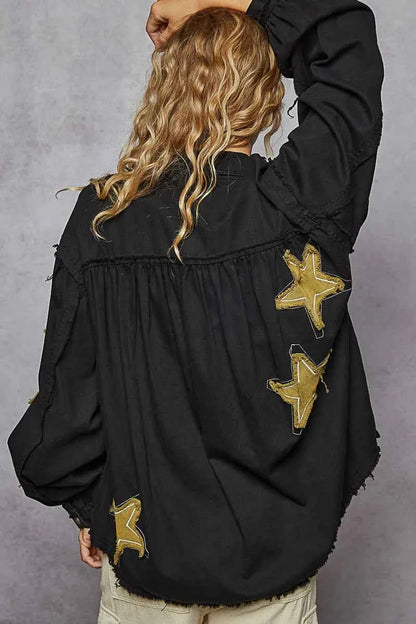 POL Star Patch Raw Hem Button Up Denim Jacket
