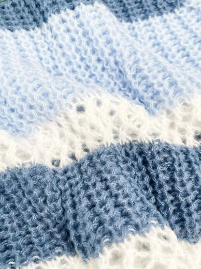 Openwork Striped Color Block Crop Sweater