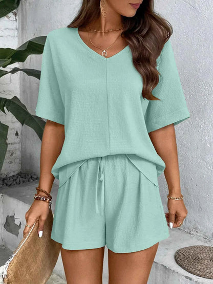 Relaxed Fit V-Neck Top and Shorts Two-Piece Set