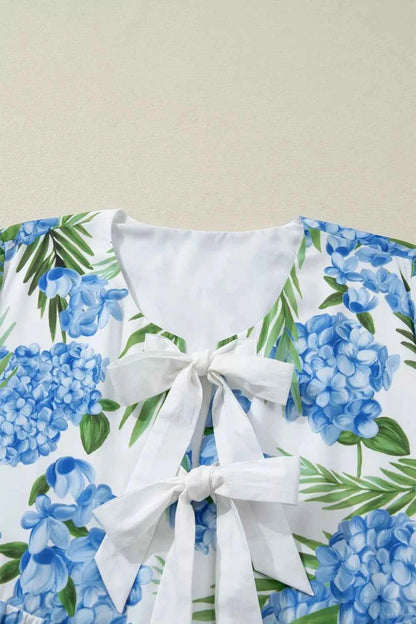 Palm Floral Print Contrast Ribbon Knot Ruffle Tiered Sleeve Mini Dress