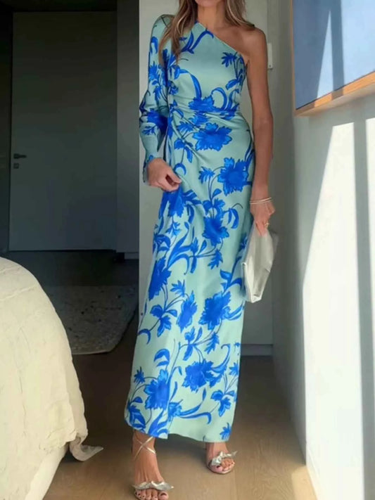 Floral Print One-Shoulder Maxi Dress