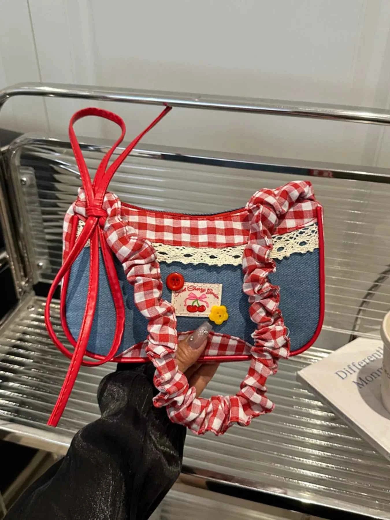 Cherry Plaid Strap Crossbody Bag