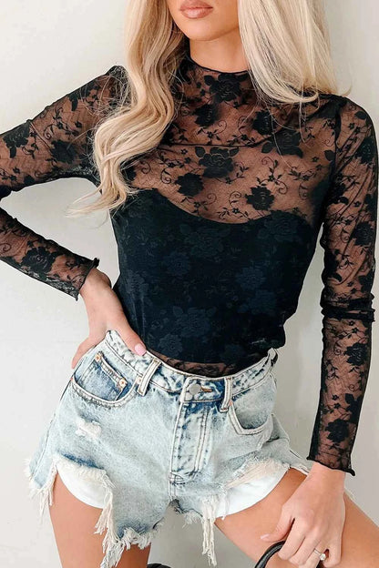 Lace Mock Neck Long Sleeve Blouse