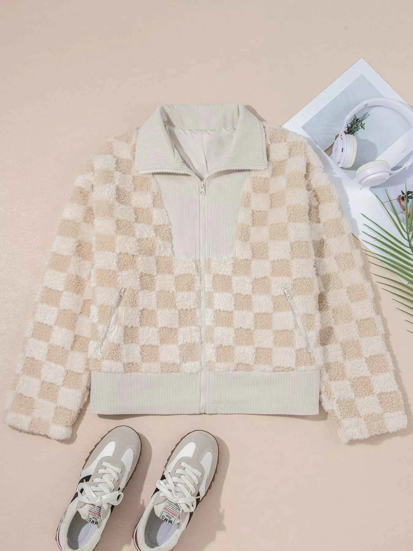 Checker Sherpa Corduroy Patchwork Zip Up Jacket