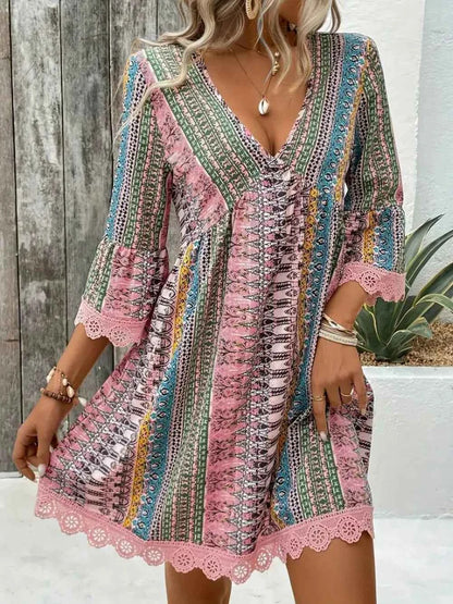 Lace Trim Printed V-Neck 3/4 Sleeve Dress