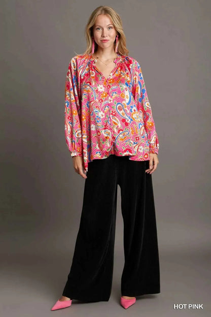 Umgee Full Size Satin Paisley Ruffle Neck Button-Up Shirt Plus Size