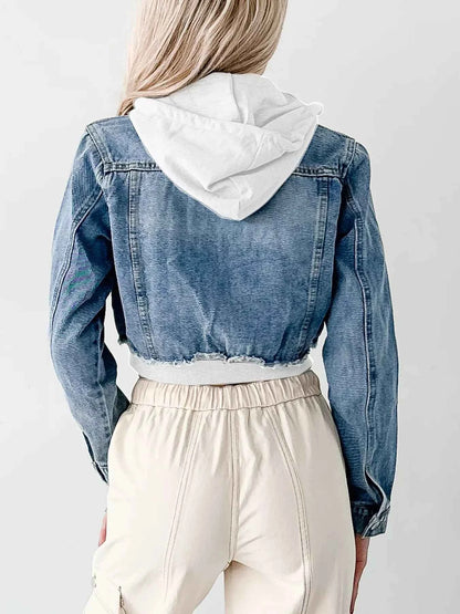 Distressed Zip Up Cropped Hooded Denim Jacket