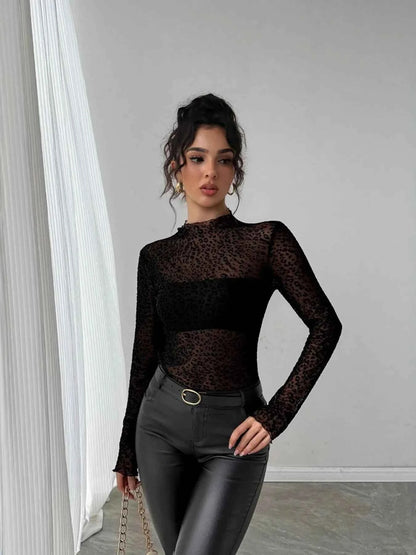 Leopard Print Mesh Long Sleeve T-Shirt