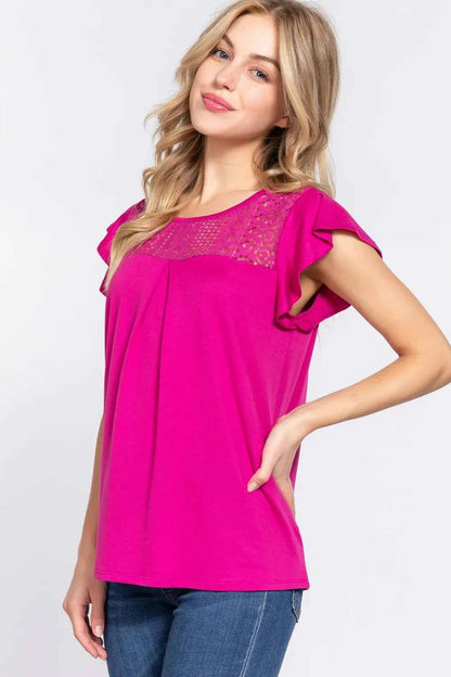 ACTIVE BASIC Ruffle Short Sleeve Lace Detail Knit Top