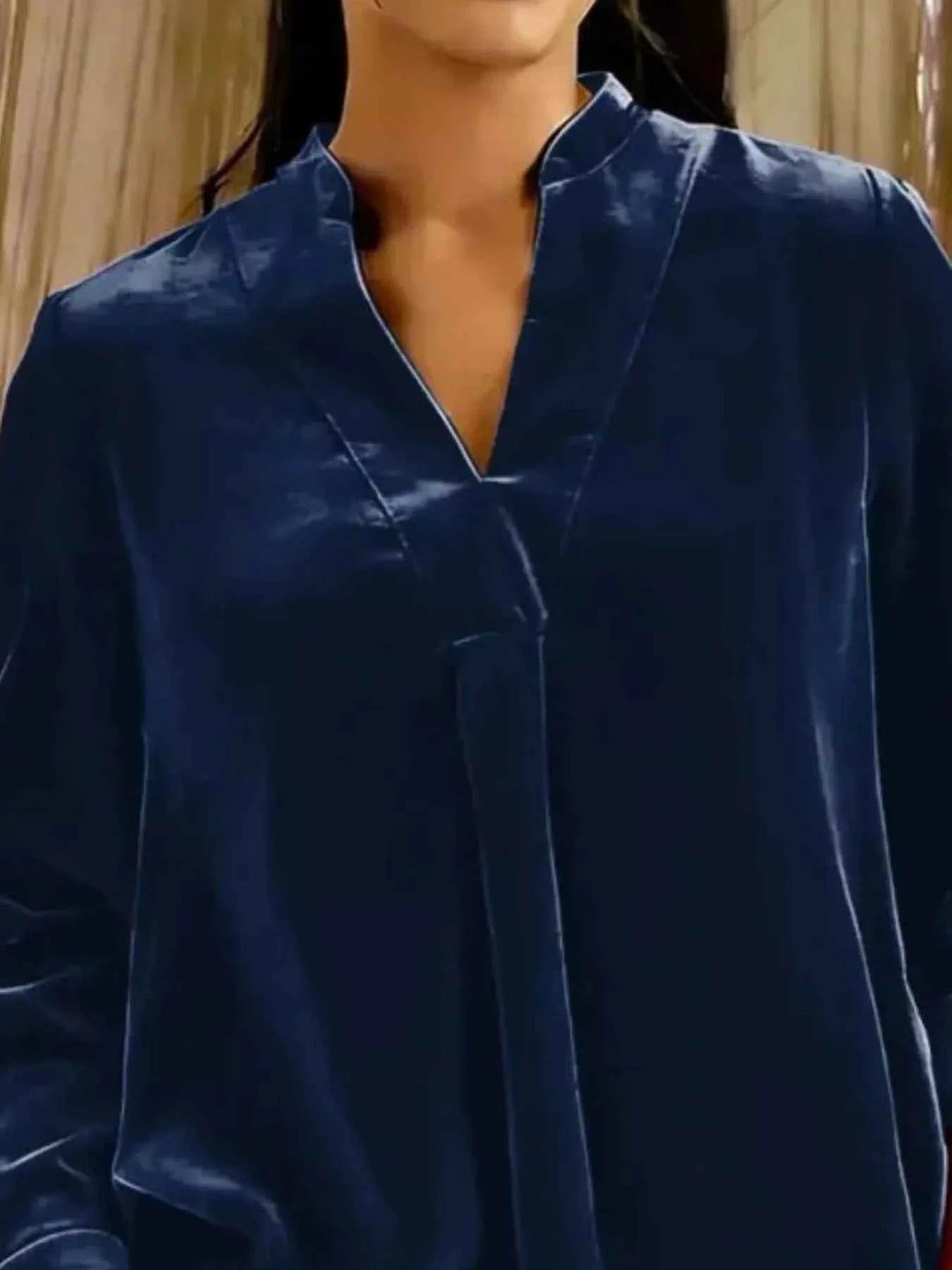 Full Size Velvet Notched Long Sleeve Blouse Plus Size