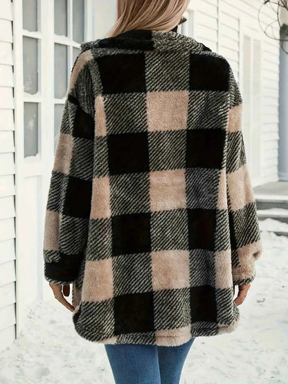 Button Down Collared Neck Plaid Teddy Coat with Pockets