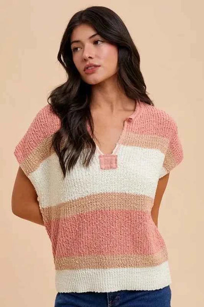 Annie Wear Low Gauge Color Block Textured Sweater Top