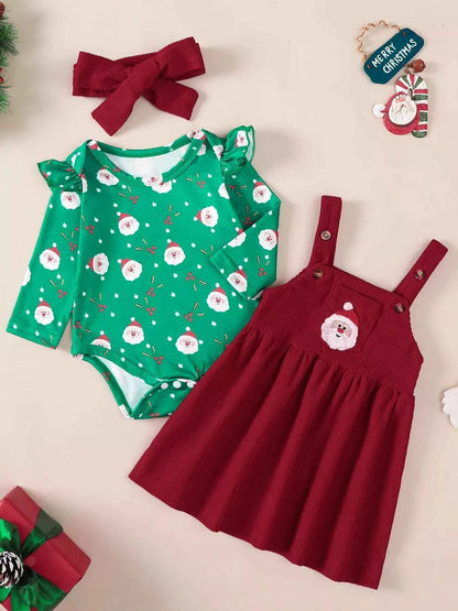 Children's Christmas Bodysuit and Overall Dress Set with Headband