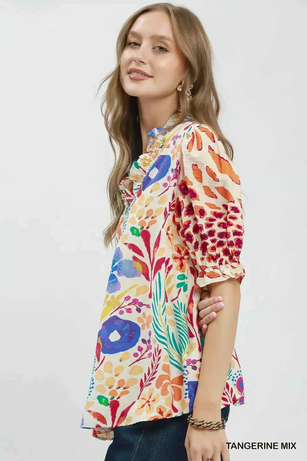 Umgee V-Neck Ruffle Trim Puff Sleeve Top