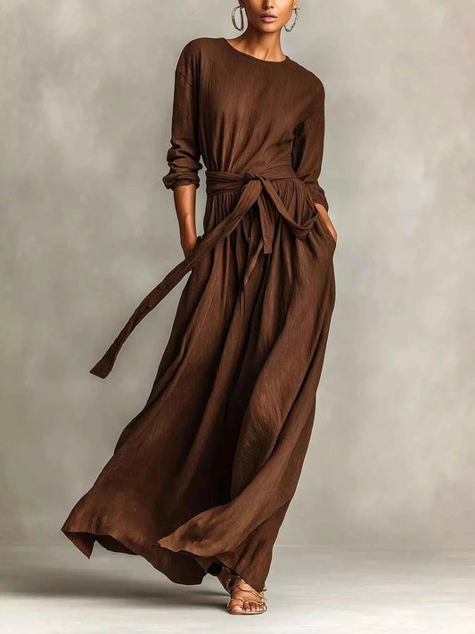 Full Size Long Sleeve Tie Waist Maxi Dress Plus Size