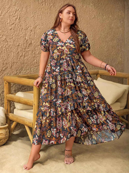 Plus Size V-Neck Short Sleeve Midi Dress
