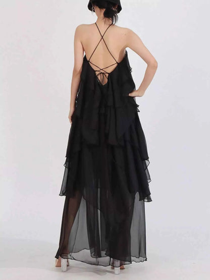Ruffled Chiffon Halter Neck Maxi Dress