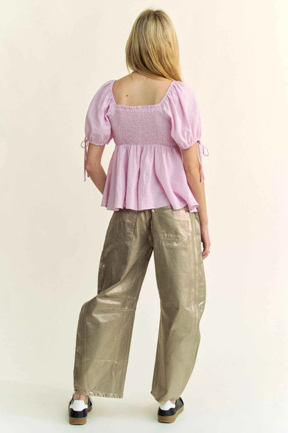 Davi & Dani Solid Elastic Peplum Puffed Sleeves Blouse