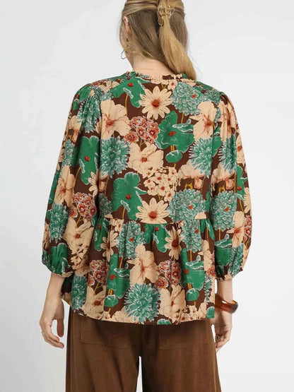 Umgee Mix Floral Peplum Blouse with Tie Neck