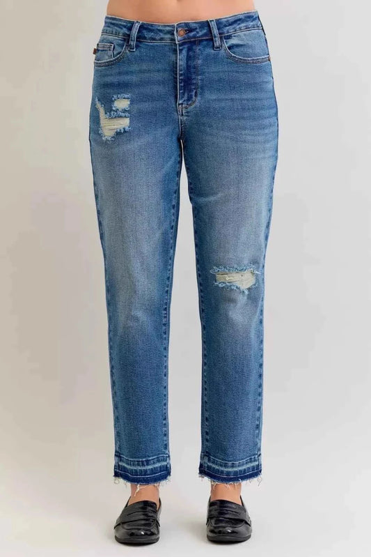 Judy Blue Full Size Mid Rise Bf Patch & Repair Destroy Release Hem Jeans Plus Size