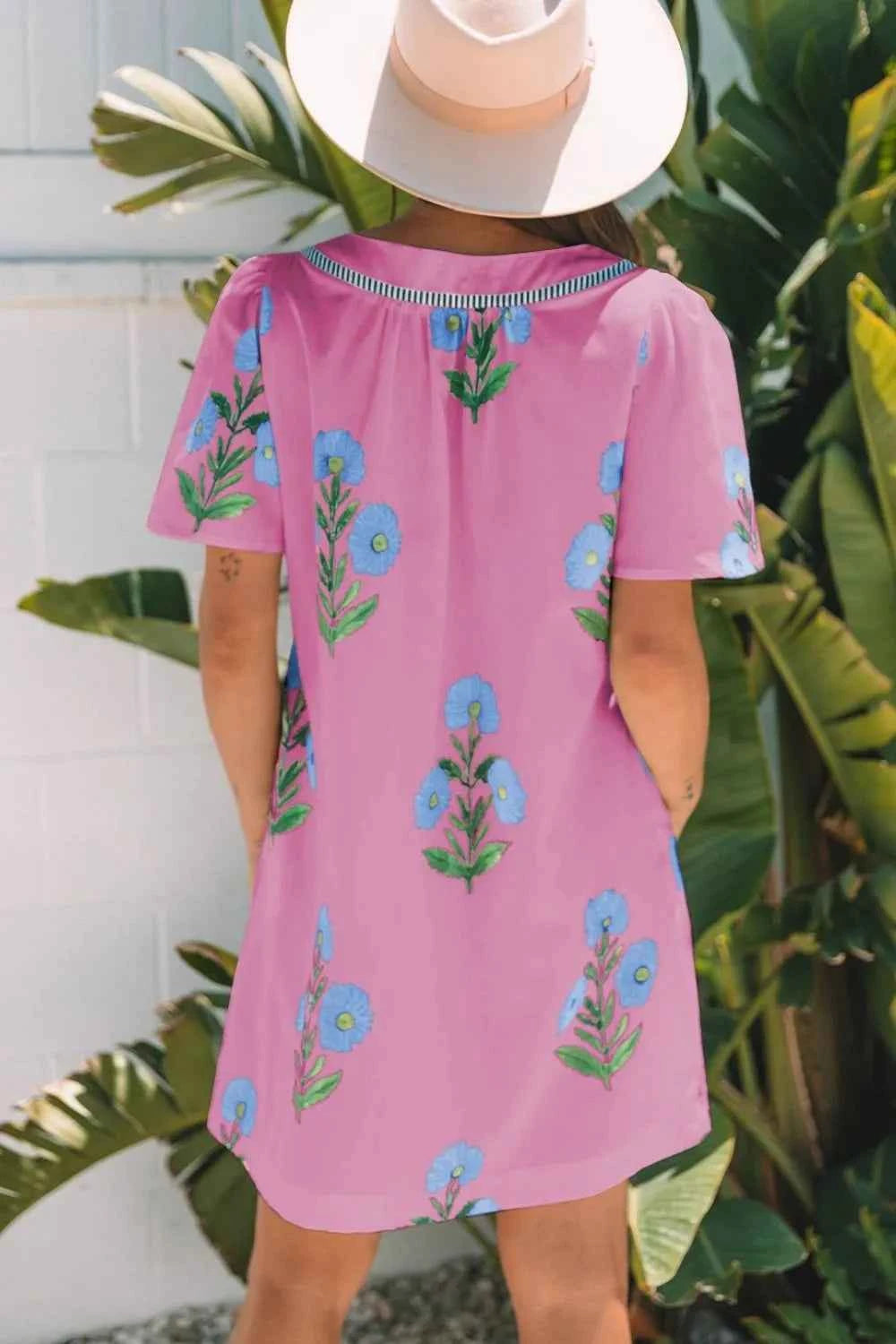 Floral Notched Summer Mini Dress with Striped Trim