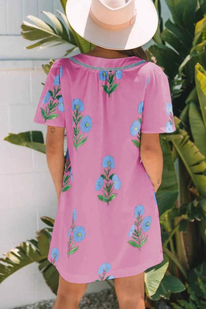 Floral Notched Summer Mini Dress with Striped Trim
