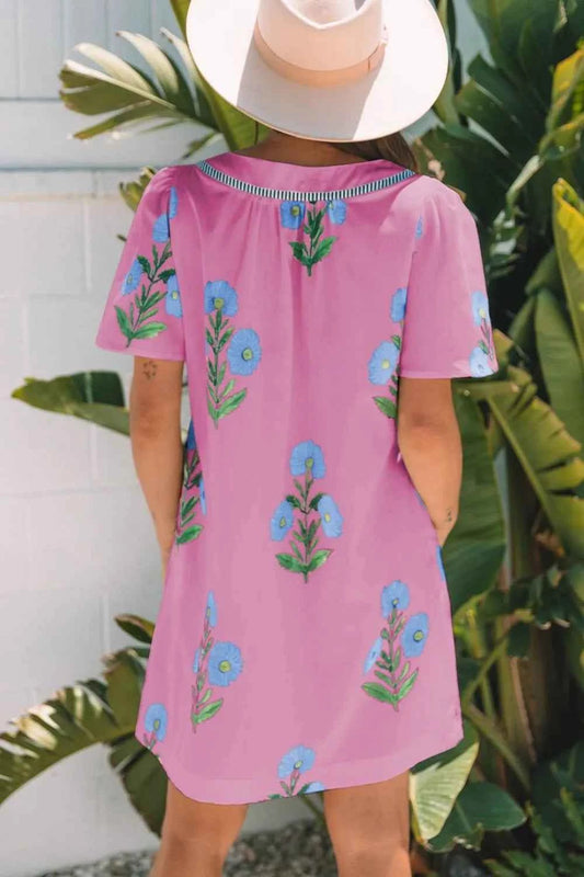 Floral Notched Summer Mini Dress with Striped Trim
