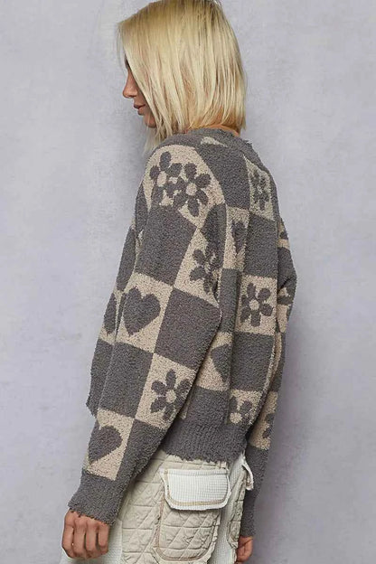 POL V-Neck Heart Pattern Checkered Sweater