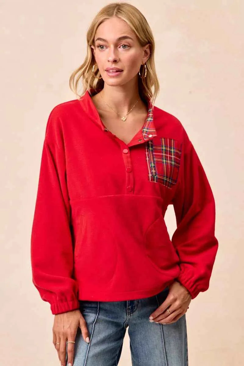 BiBi Christmas Theme Fleece Buttoned Top with Pockets