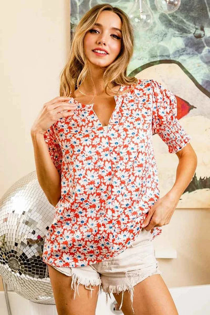 BiBi Floral Jqd Smoked Puff Sleeves V Neck Top