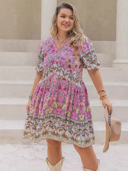 Plus Size Floral Print V-Neck Puff Sleeve Summer Dress