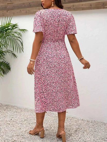 Plus Size Printed V-Neck Short Sleeve Midi Dress