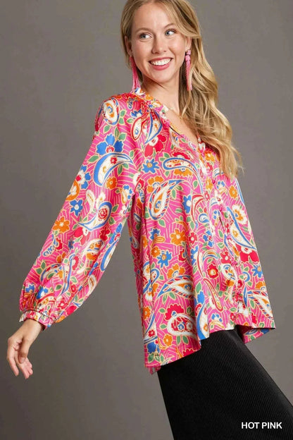 Umgee Full Size Satin Paisley Ruffle Neck Button-Up Shirt Plus Size