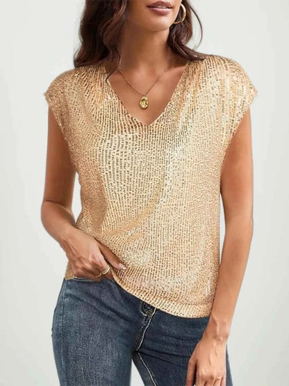 V-Neck Sequin Cap Sleeve Top