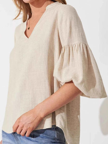 Notched Balloon Sleeve Blouse